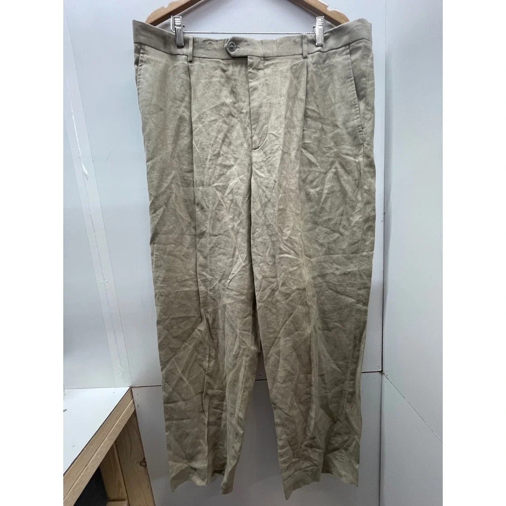 Murano Mens Tan 100% Linen Pleated Straight Leg Trousers Pants 40x34 Beige